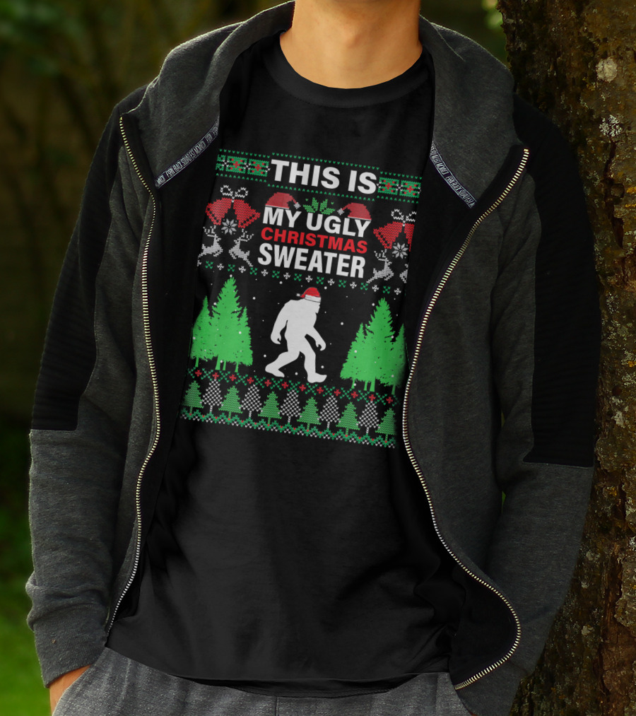 This Is My Ugly Christmas Sweater Bigfoot Santa Hat Holiday Trees T-Shirt