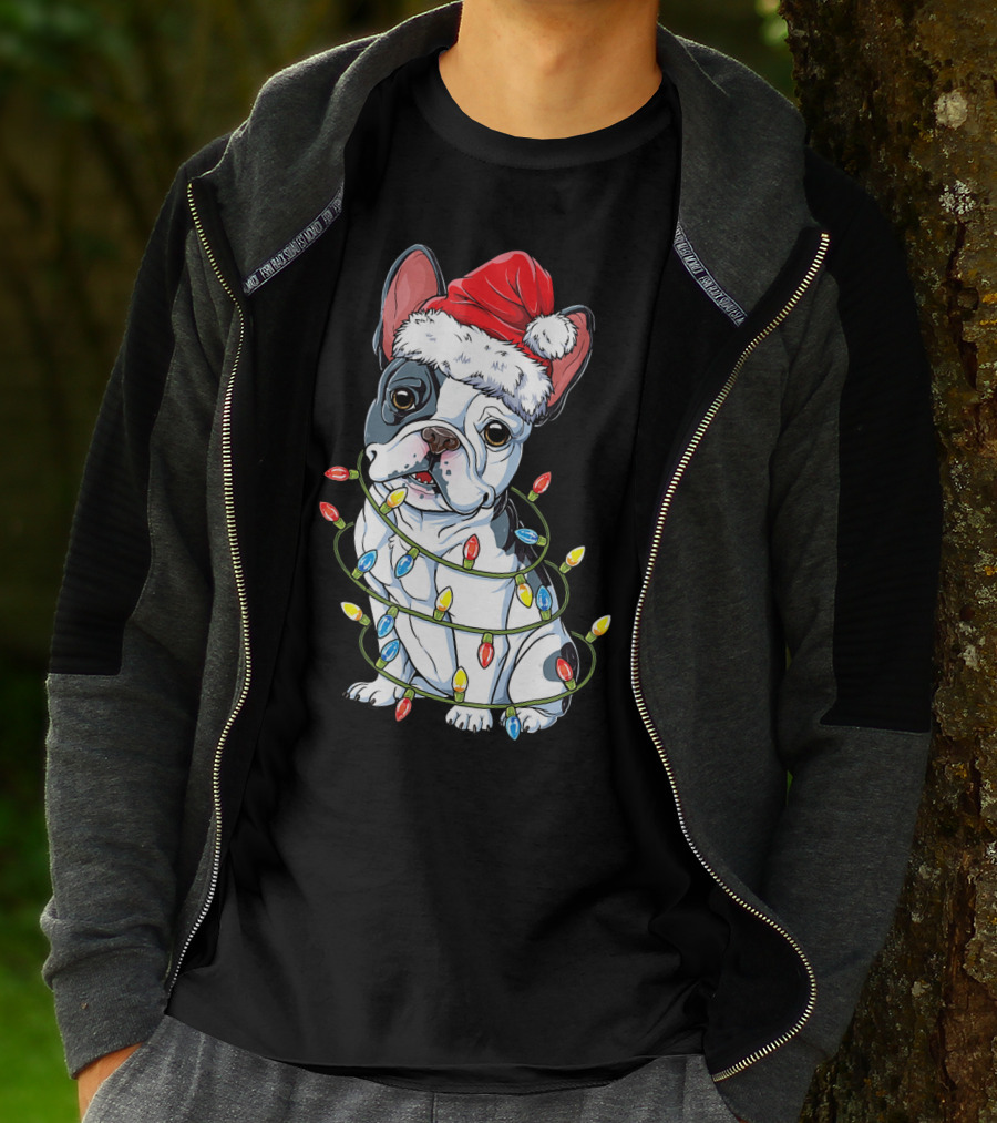 French Bulldog Christmas Santa Hat Festive Lights T-Shirt