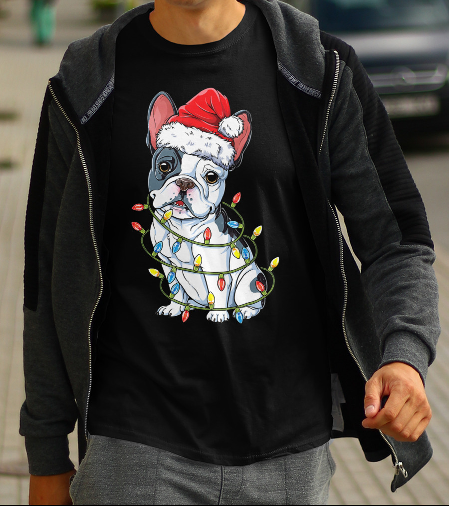 French Bulldog Christmas Santa Hat Festive Lights T-Shirt