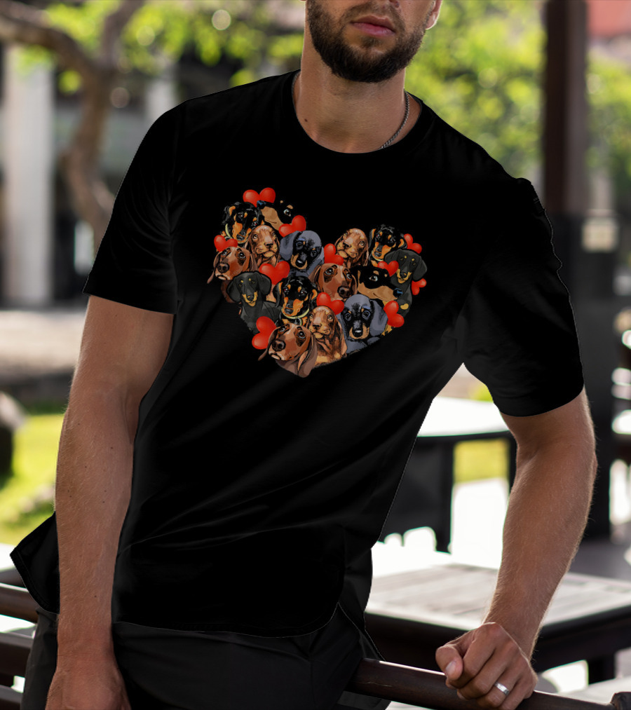 Cute Dachshund Heart Valentine Filled With Dachshunds And Hearts T-Shirt
