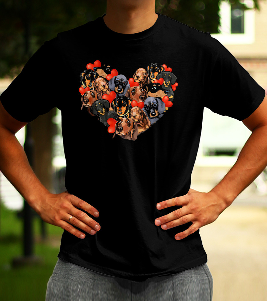 Cute Dachshund Heart Valentine Filled With Dachshunds And Hearts T-Shirt