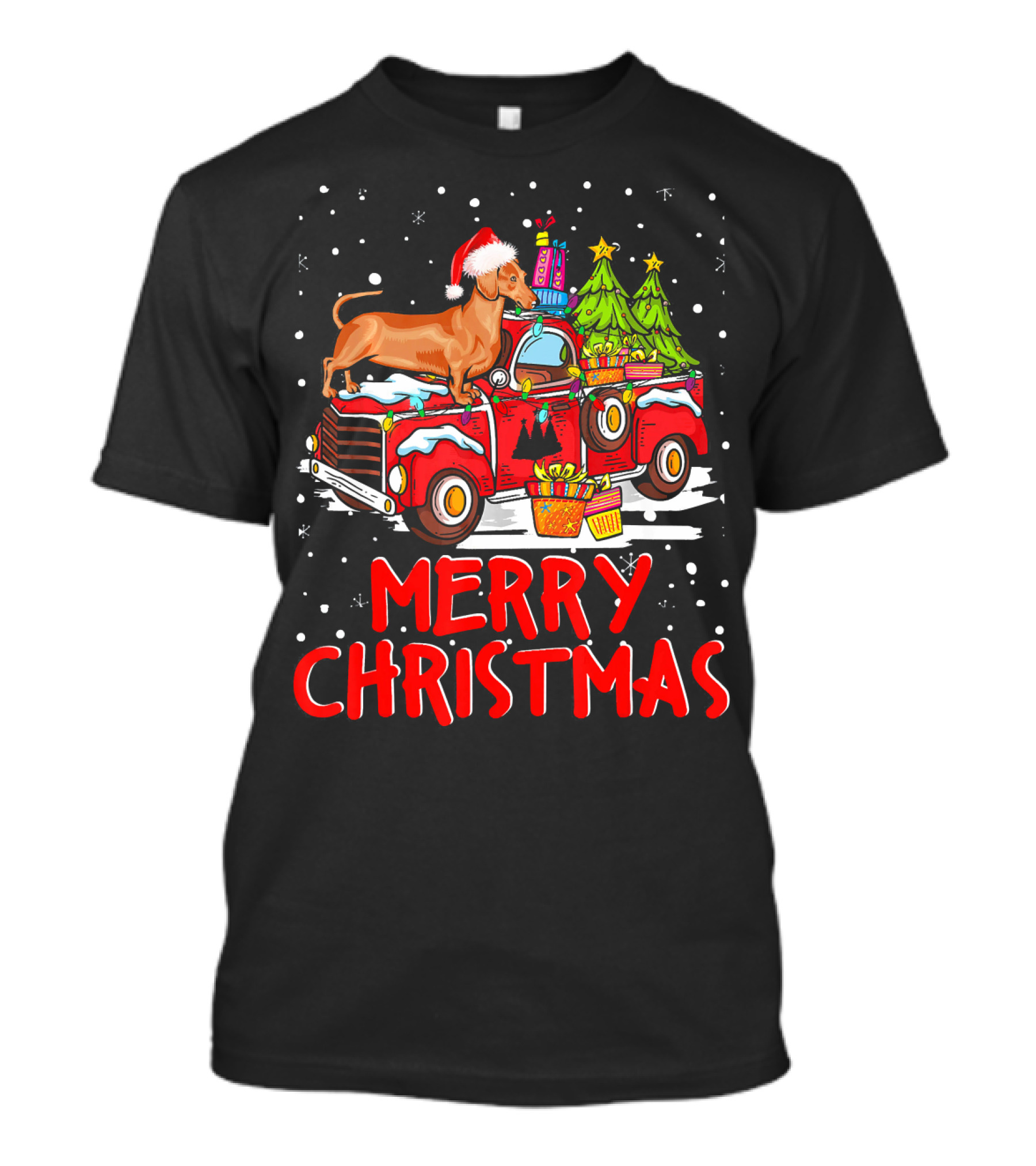 Merry Christmas Dachshund Santa Hat Red Truck With Gifts And Trees T-Shirt