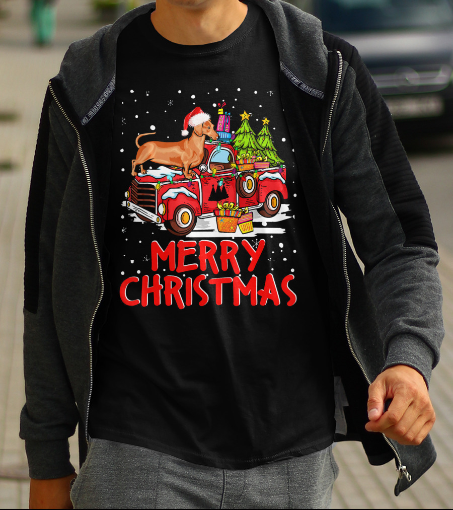 Merry Christmas Dachshund Santa Hat Red Truck With Gifts And Trees T-Shirt