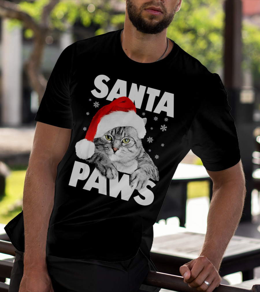 Santa Paws Christmas Kitty Cat Funny Graphic Snowflakes Hat T-Shirt