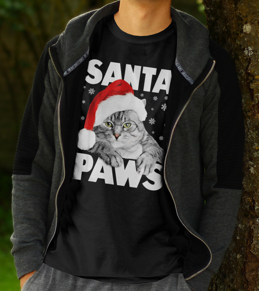 Santa Paws Christmas Kitty Cat Funny Graphic Snowflakes Hat T-Shirt