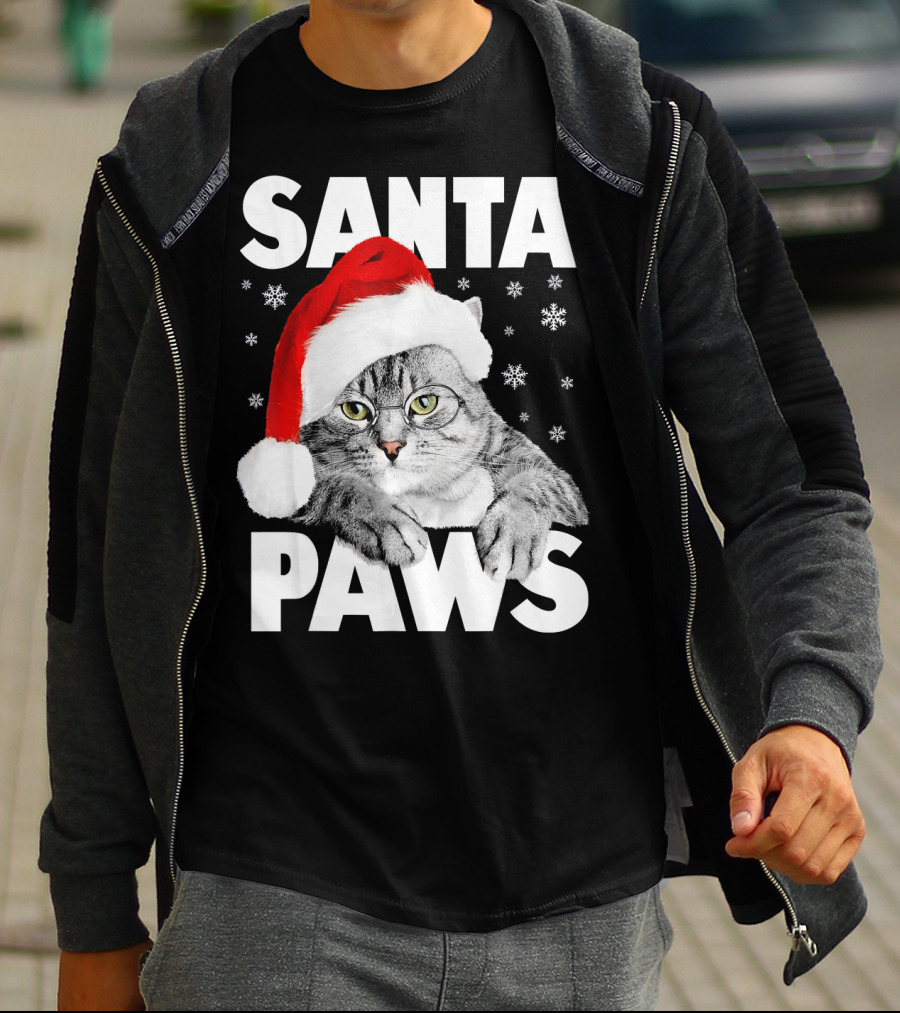 Santa Paws Christmas Kitty Cat Funny Graphic Snowflakes Hat T-Shirt