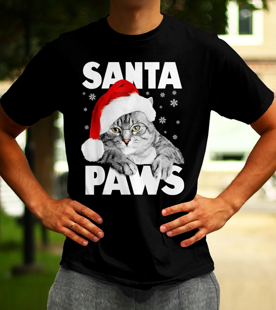 Santa Paws Christmas Kitty Cat Funny Graphic Snowflakes Hat T-Shirt