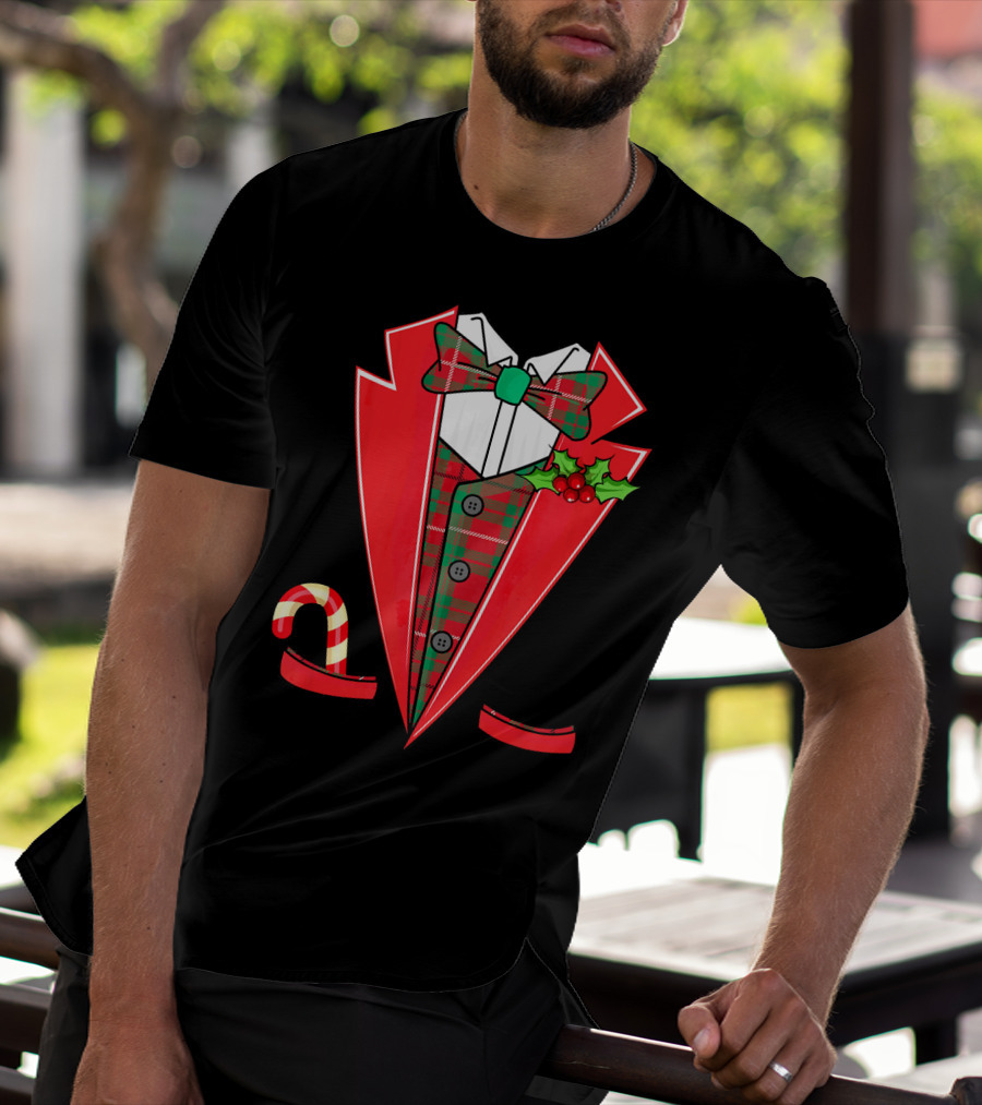 Tuxedo Christmas Fancy Xmas Co Red Plaid Bowtie Candy Cane Holiday Jacket T-Shirt