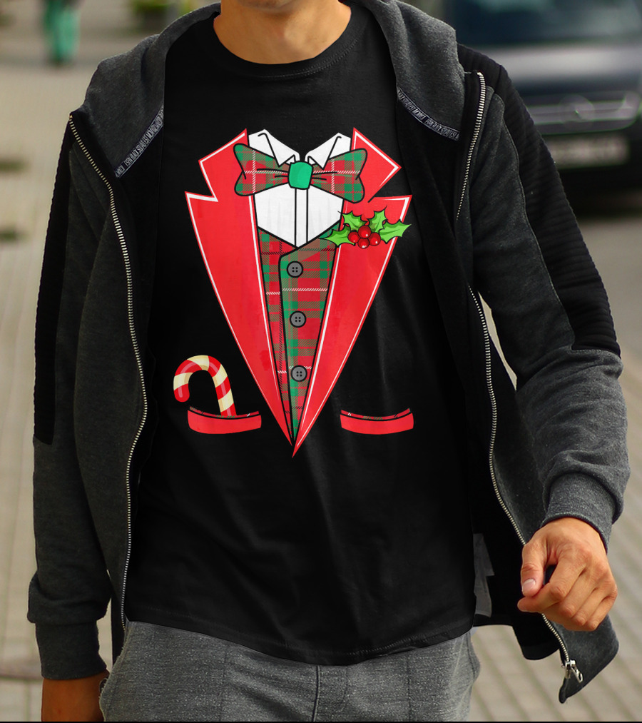 Tuxedo Christmas Fancy Xmas Co Red Plaid Bowtie Candy Cane Holiday Jacket T-Shirt