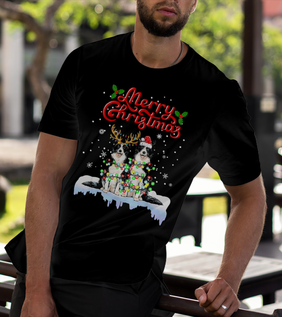 Merry Christmas Border Collie Christmas Lights Funny Dog Santa Reindeer T-Shirt