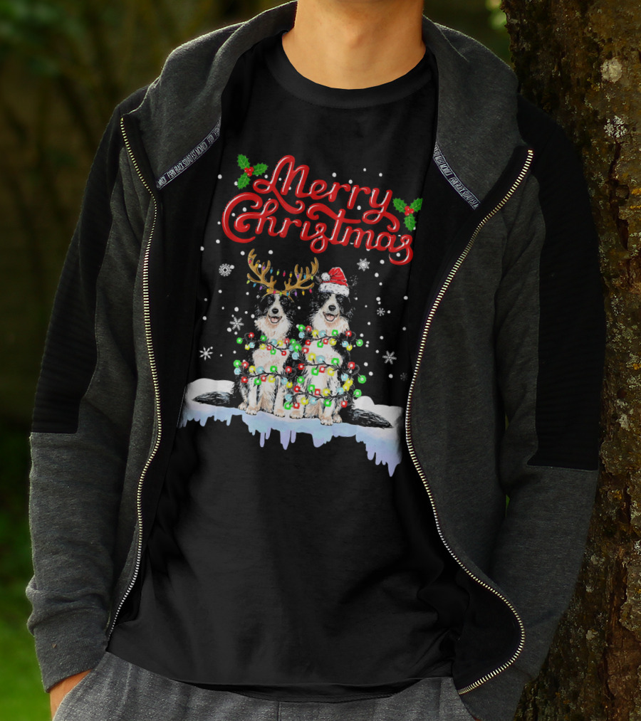 Merry Christmas Border Collie Christmas Lights Funny Dog Santa Reindeer T-Shirt