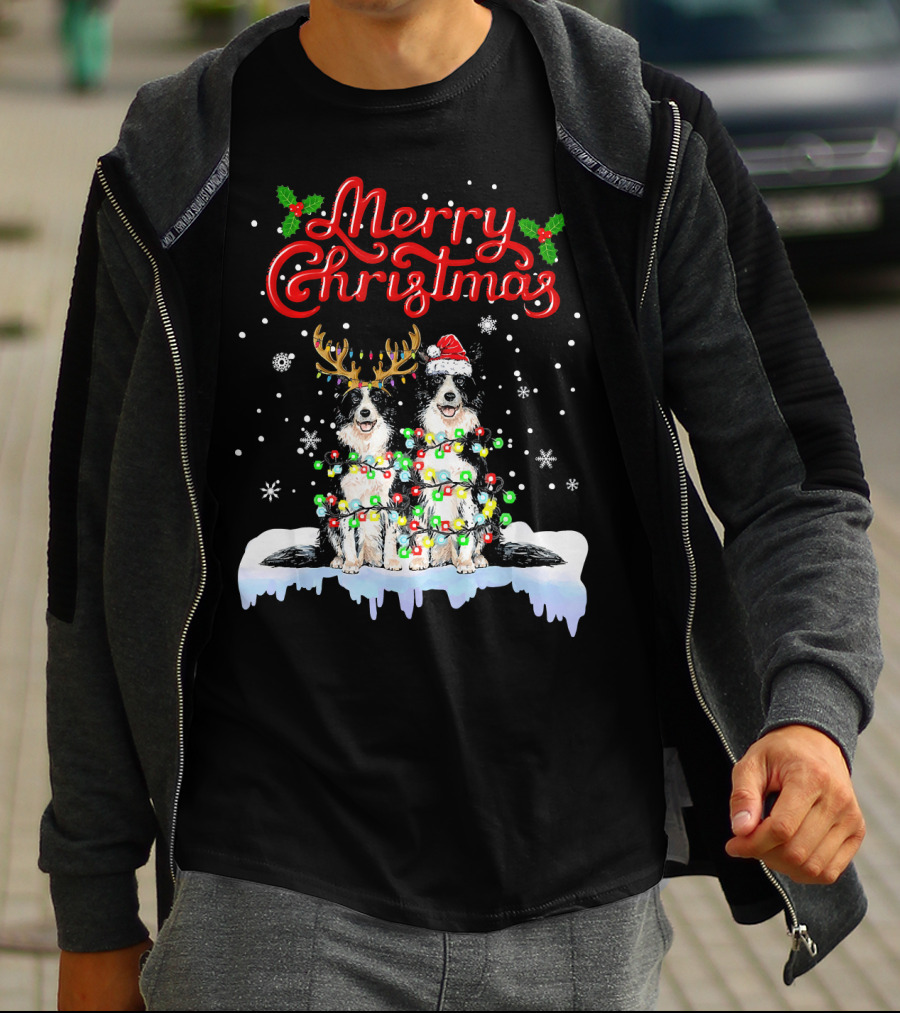 Merry Christmas Border Collie Christmas Lights Funny Dog Santa Reindeer T-Shirt