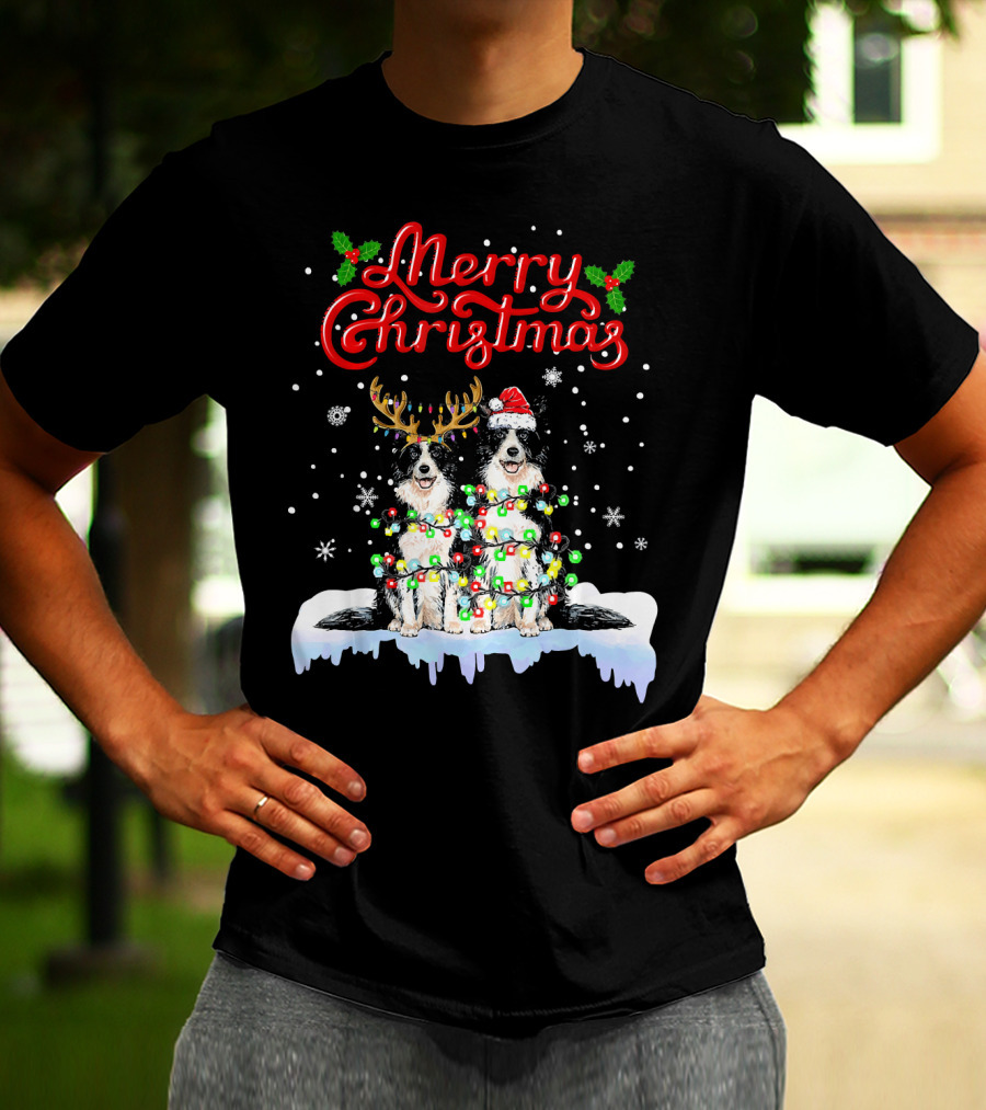 Merry Christmas Border Collie Christmas Lights Funny Dog Santa Reindeer T-Shirt