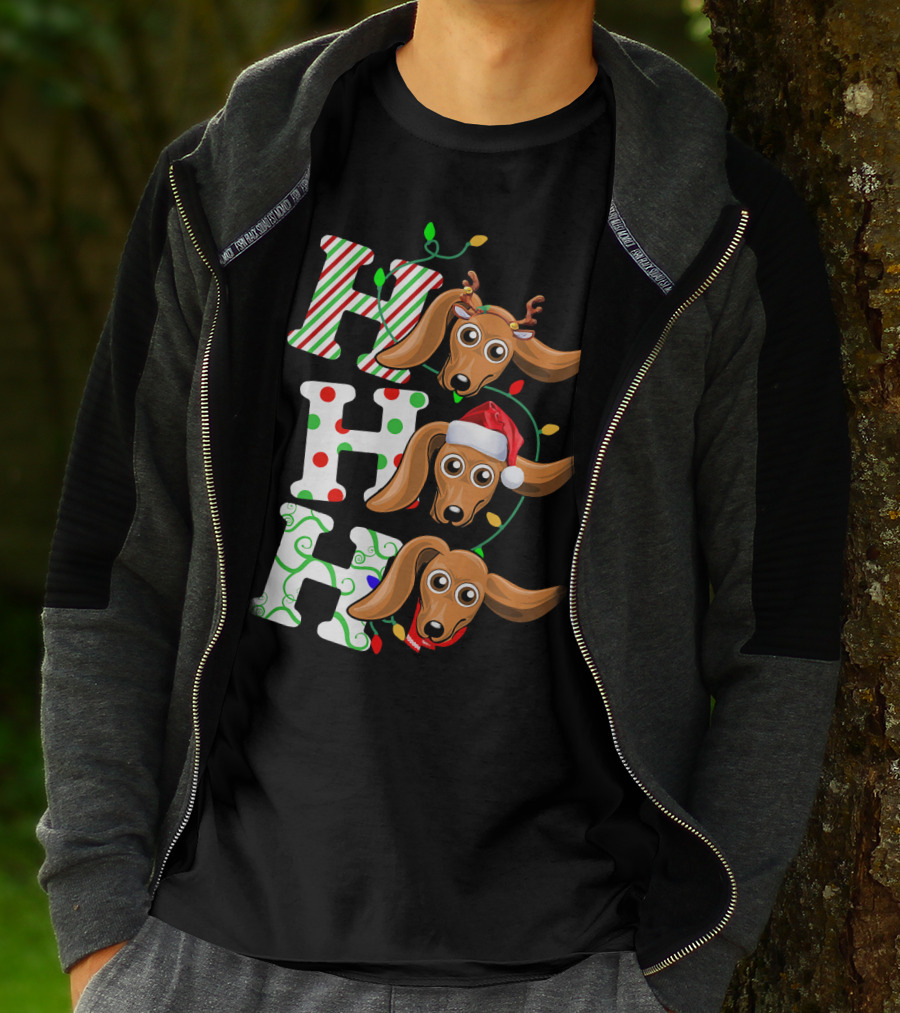 Dachshund Ho Ho Ho Reindeer Antlers Santa Hat Christmas Lights T-Shirt