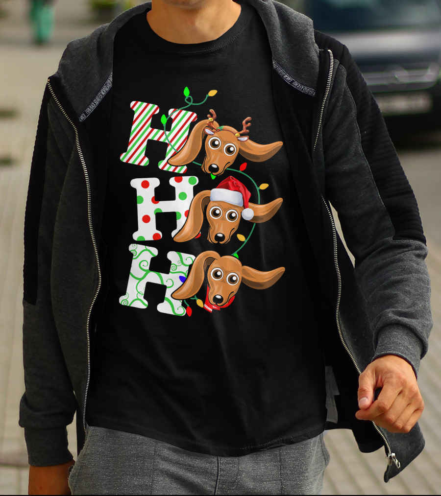 Dachshund Ho Ho Ho Reindeer Antlers Santa Hat Christmas Lights T-Shirt