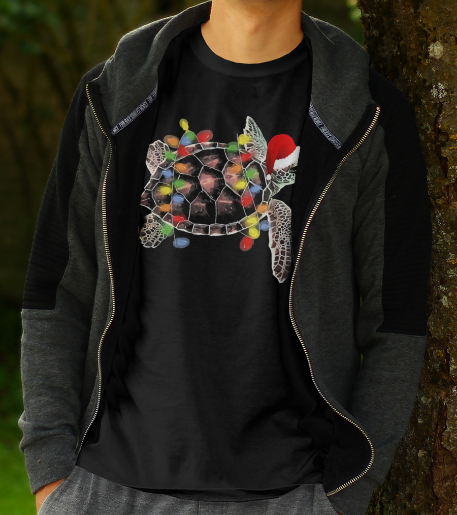 Sea Turtle With Christmas Lights In Santa Hat Merry Chris T-Shirt