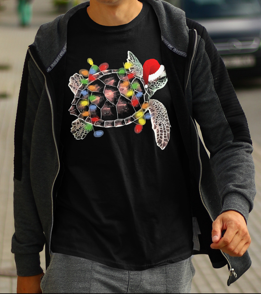 Sea Turtle With Christmas Lights In Santa Hat Merry Chris T-Shirt