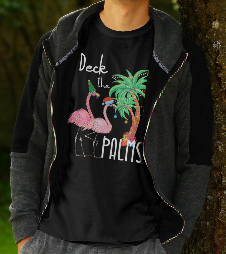Deck The Palms Christmas Flamingo Family Tropical Holiday Scene T-Shirt