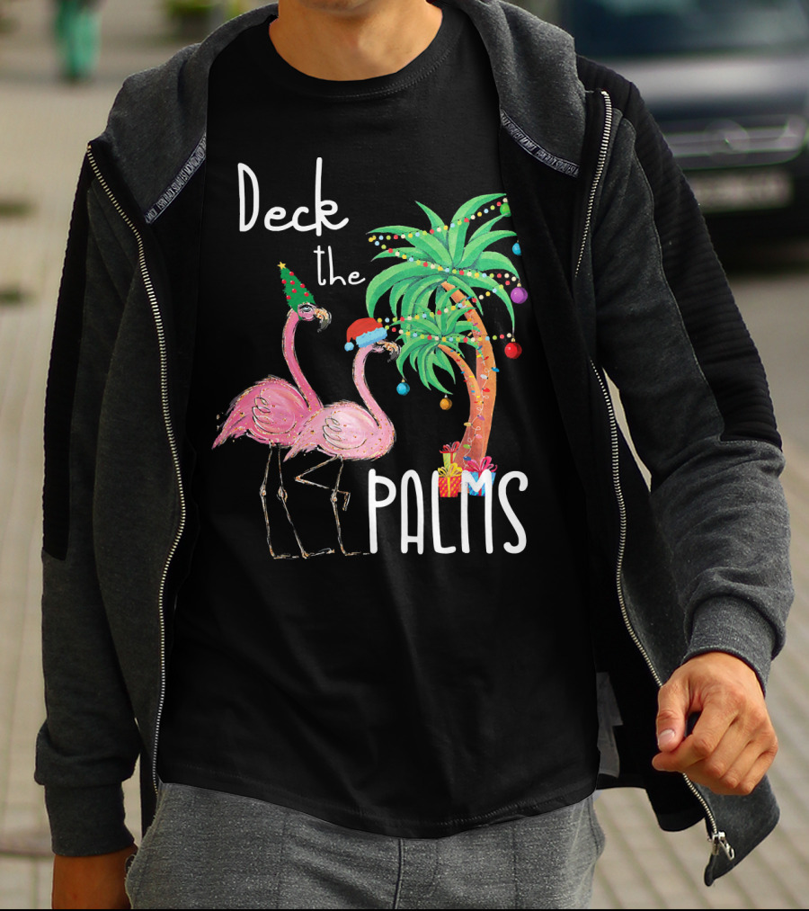 Deck The Palms Christmas Flamingo Family Tropical Holiday Scene T-Shirt