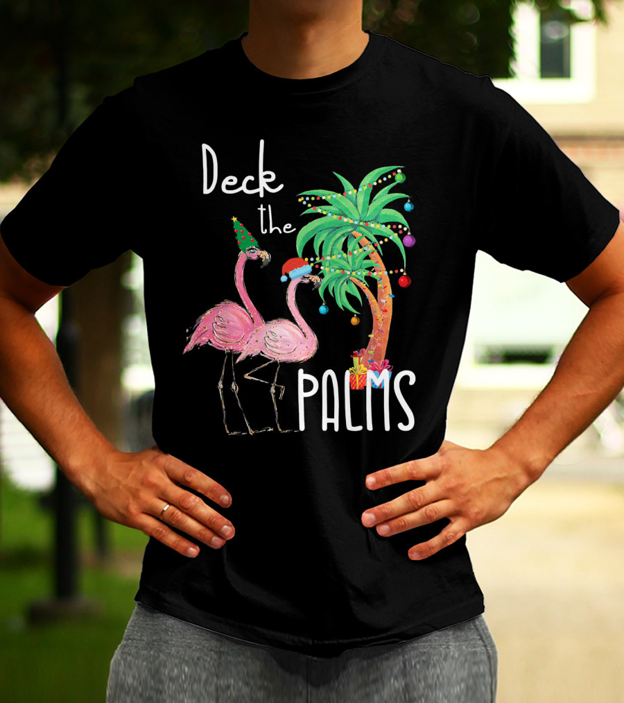 Deck The Palms Christmas Flamingo Family Tropical Holiday Scene T-Shirt