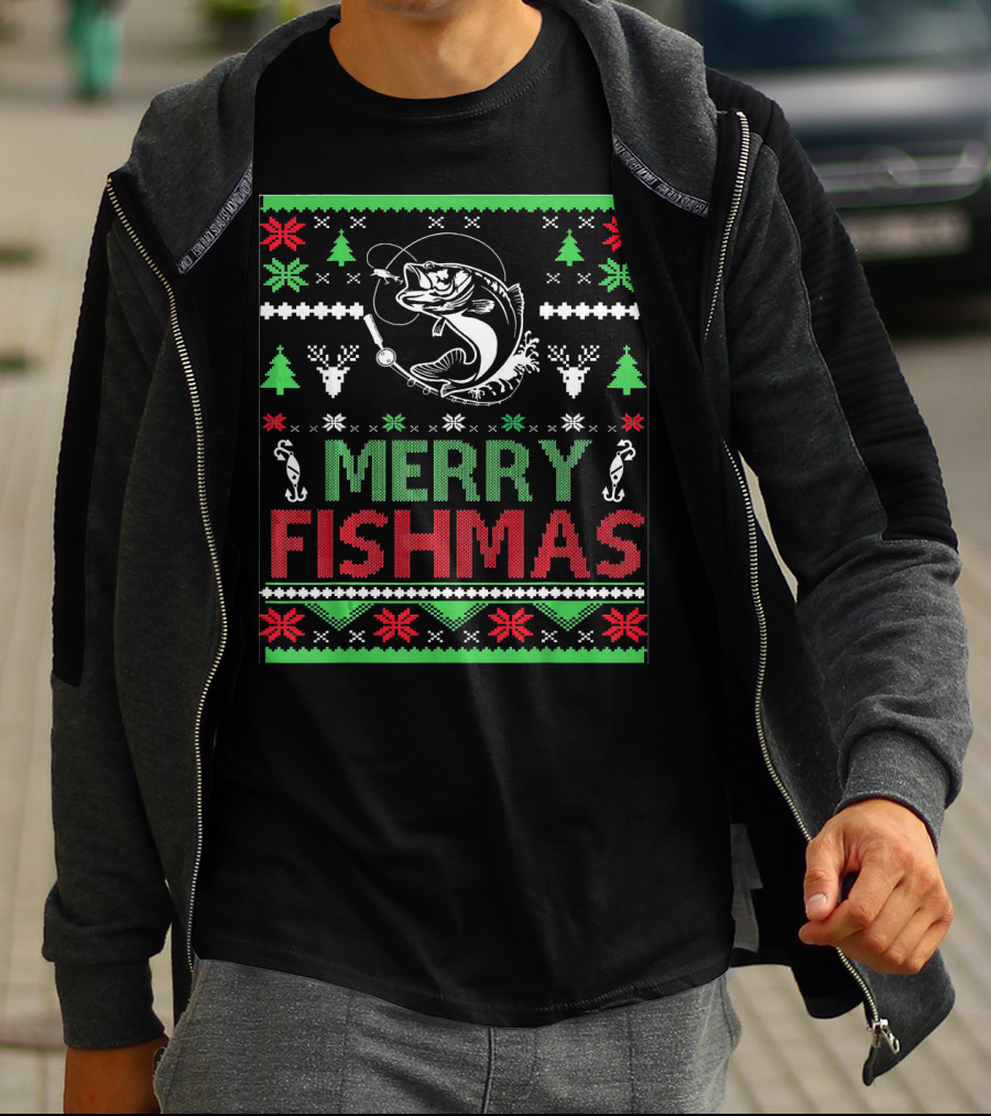 Merry Fishmas Ugly Fishing Christmas Bass Fish T-Shirt