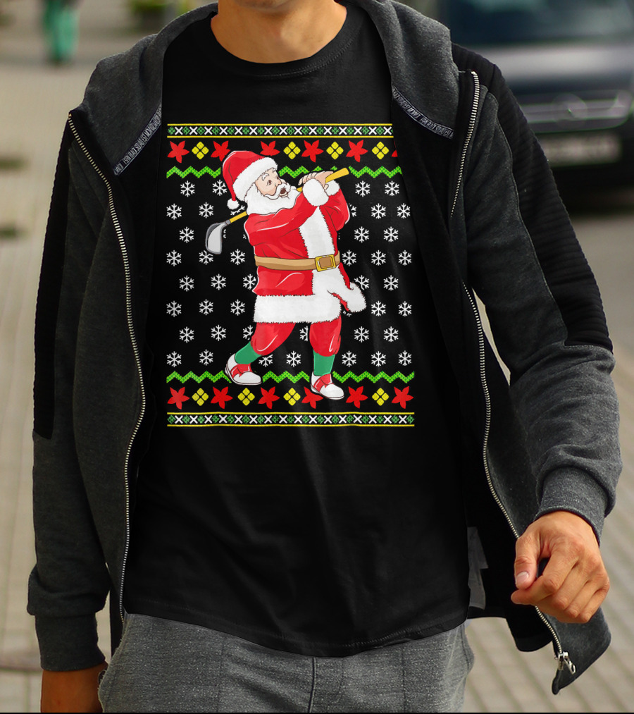 Ugly Christmas Santa Playing Golf Snowflakes T-Shirt