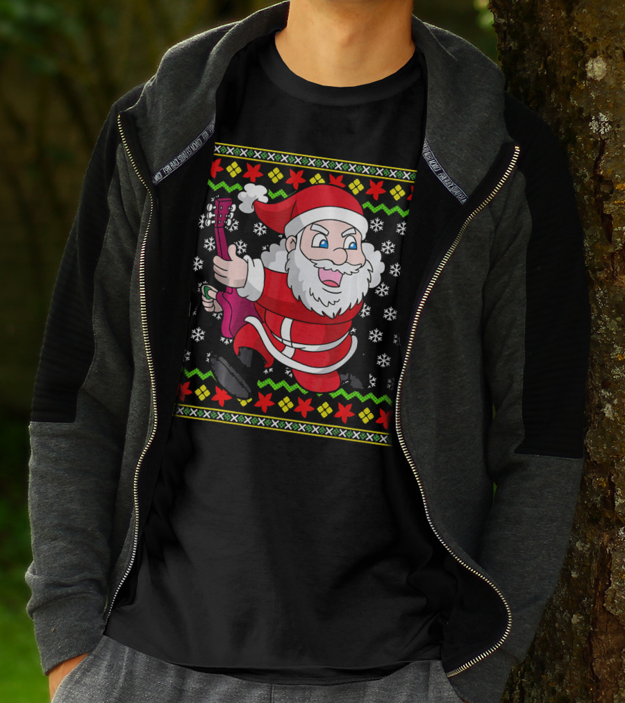 Ugly Christmas Santa Playing Guitar Festive T-Shirt