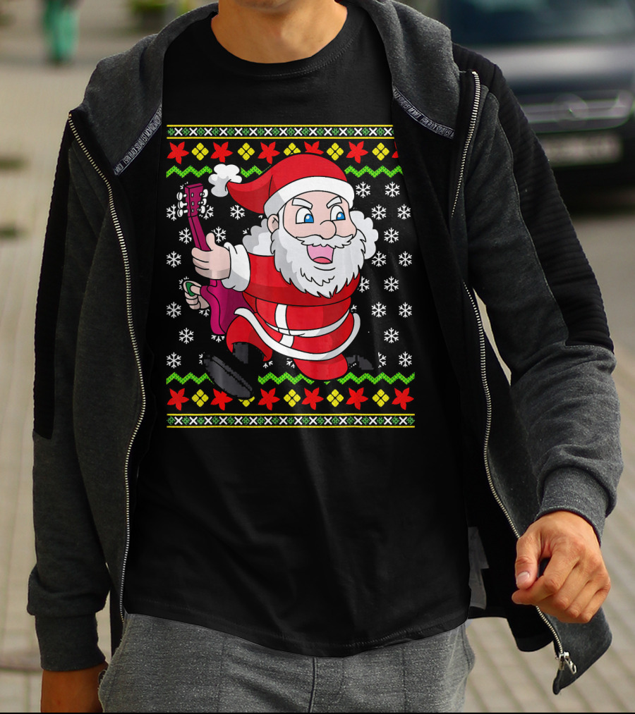 Ugly Christmas Santa Playing Guitar Festive T-Shirt