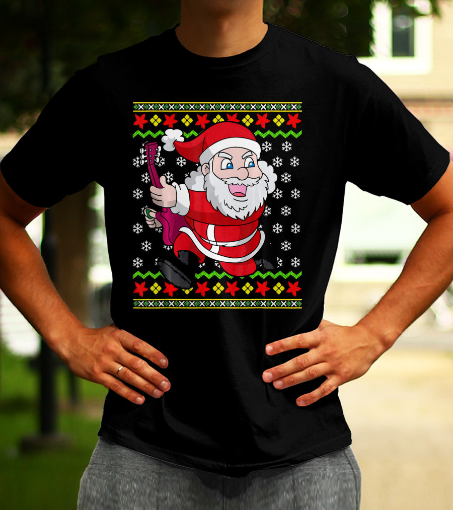 Ugly Christmas Santa Playing Guitar Festive T-Shirt