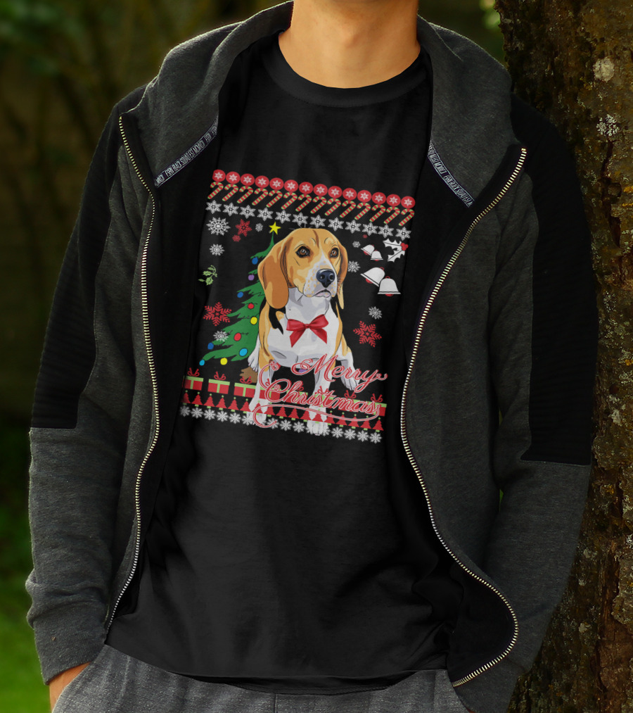 Merry Christmas Beagle With Candy Canes Snowflakes Bells And Gifts T-Shirt
