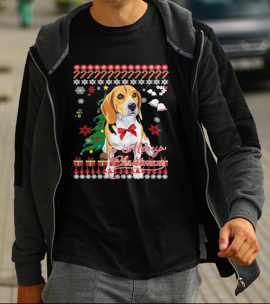 Merry Christmas Beagle With Candy Canes Snowflakes Bells And Gifts T-Shirt