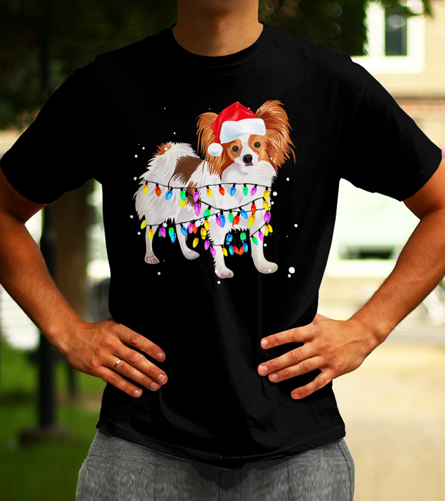 Papillon Dog Wrapped In Colorful Christmas Lights Wearing Santa Hat T-Shirt