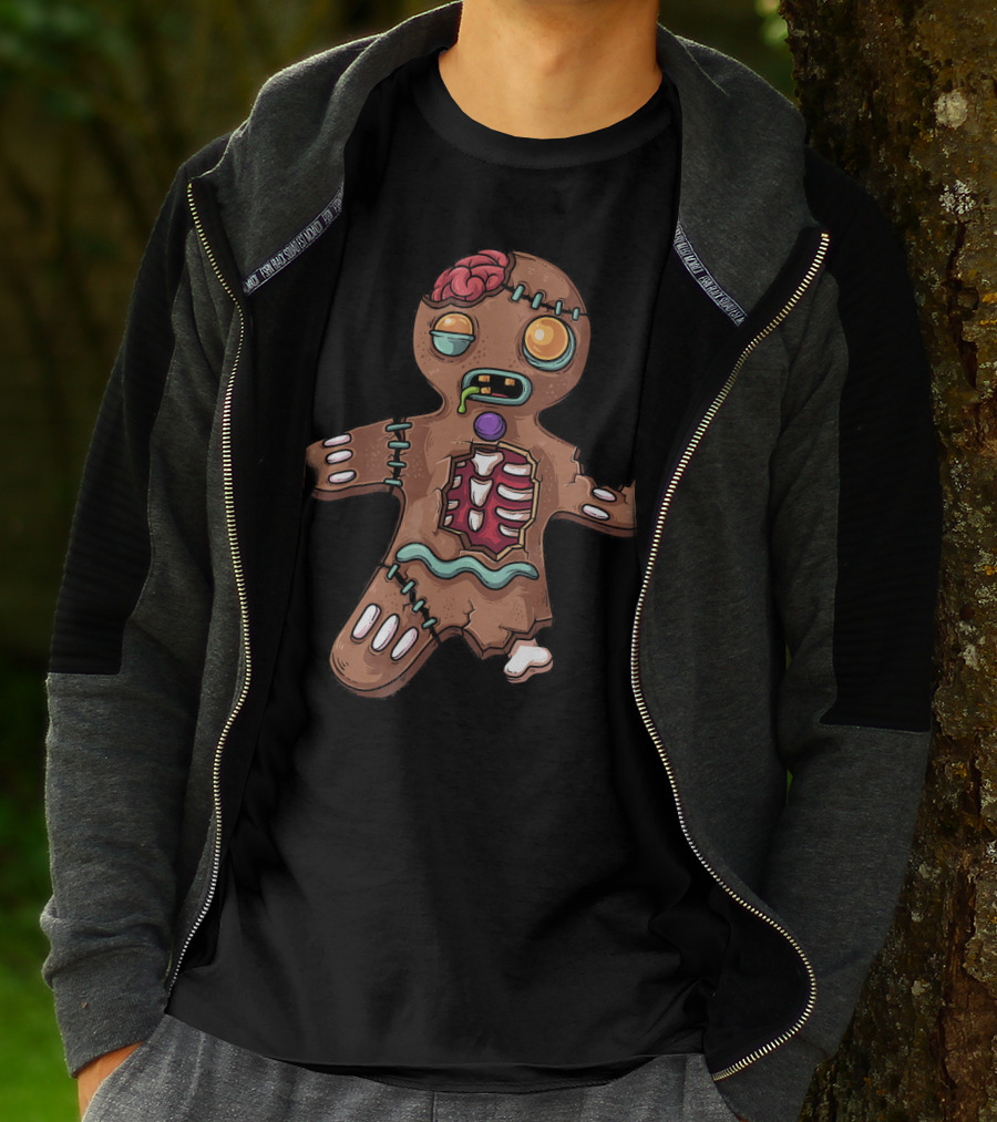 Zombie Christmas Gingerbread Man With Exposed Brain And Candy Bones T-Shirt
