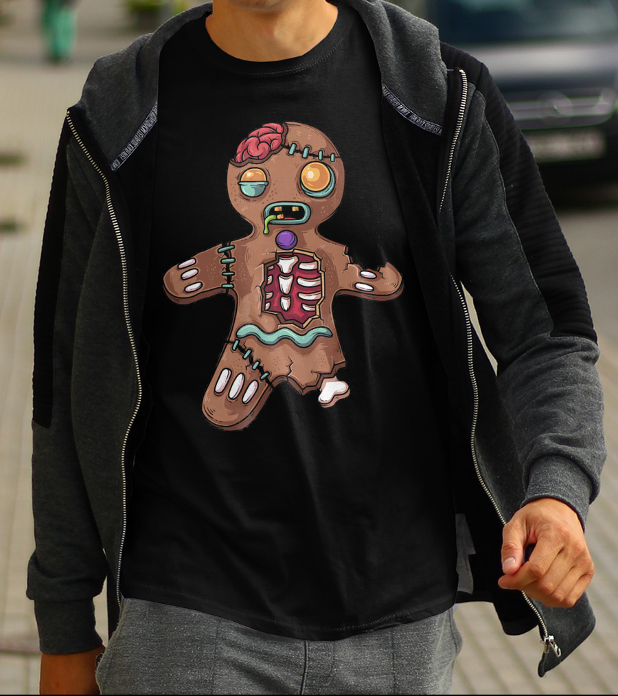 Zombie Christmas Gingerbread Man With Exposed Brain And Candy Bones T-Shirt