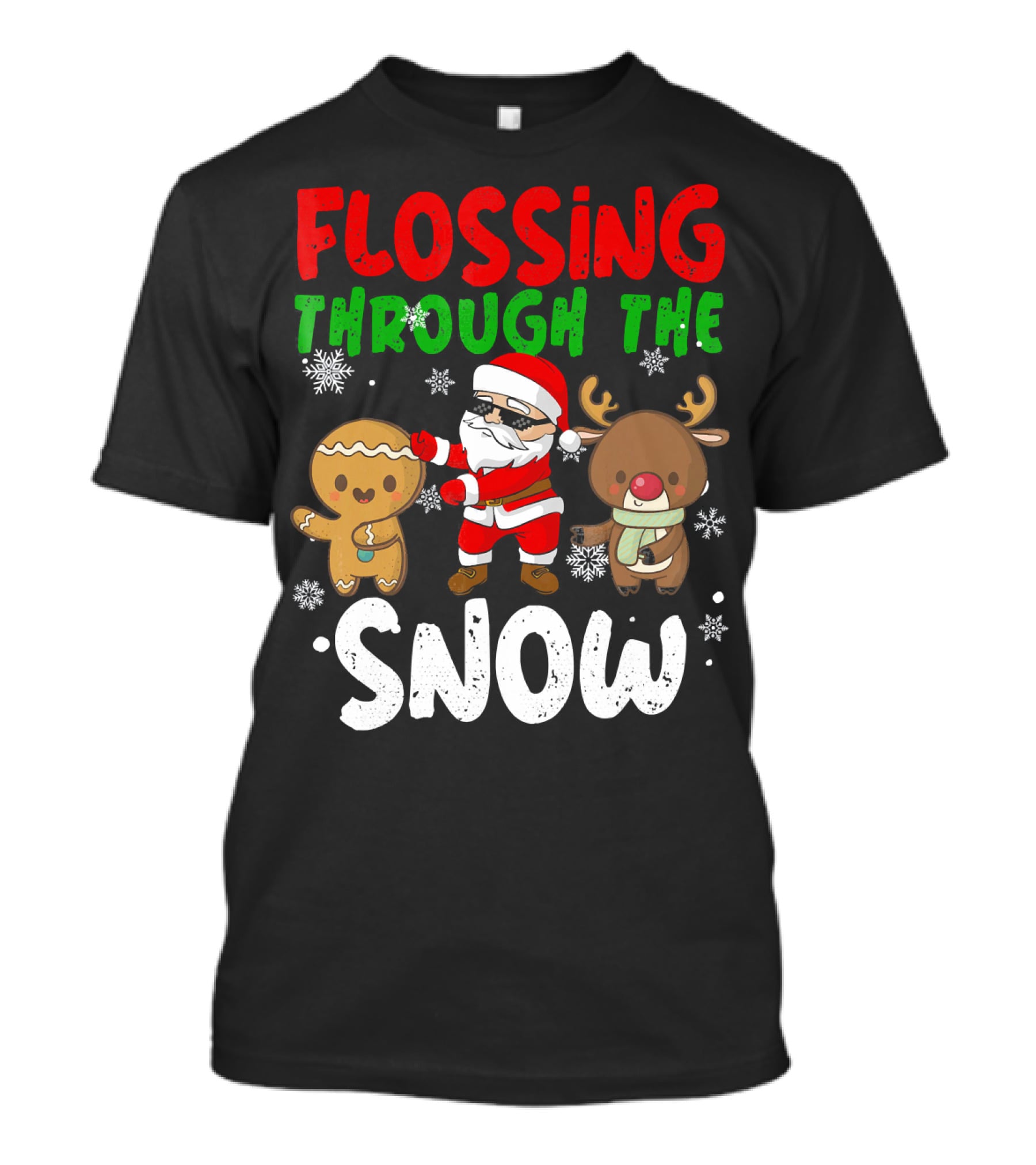 Flossing Through The Snow Santa Gingerbread Reindeer Christmas T-Shirt