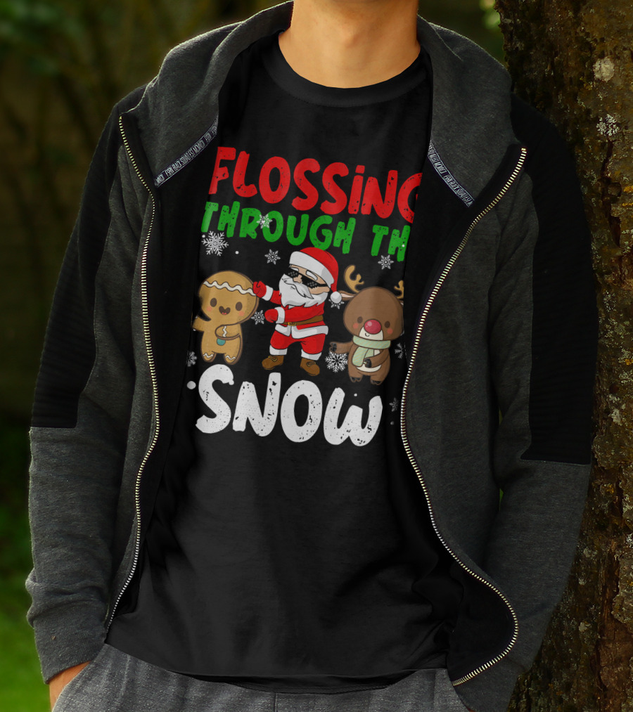 Flossing Through The Snow Santa Gingerbread Reindeer Christmas T-Shirt