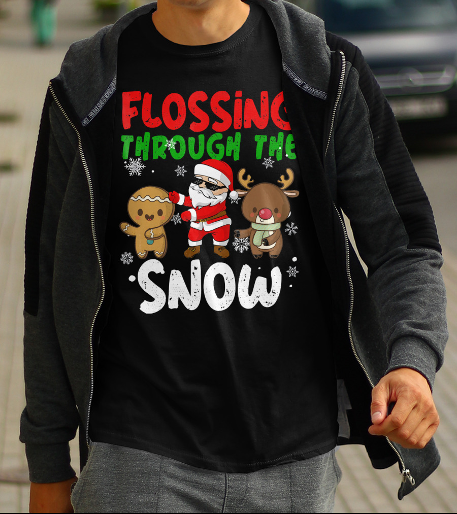 Flossing Through The Snow Santa Gingerbread Reindeer Christmas T-Shirt