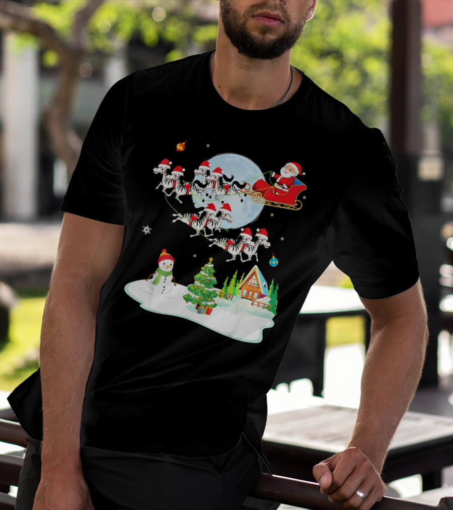 Santa Claus Sleigh With Zebras And Snowman By Christmas Tree T-Shirt