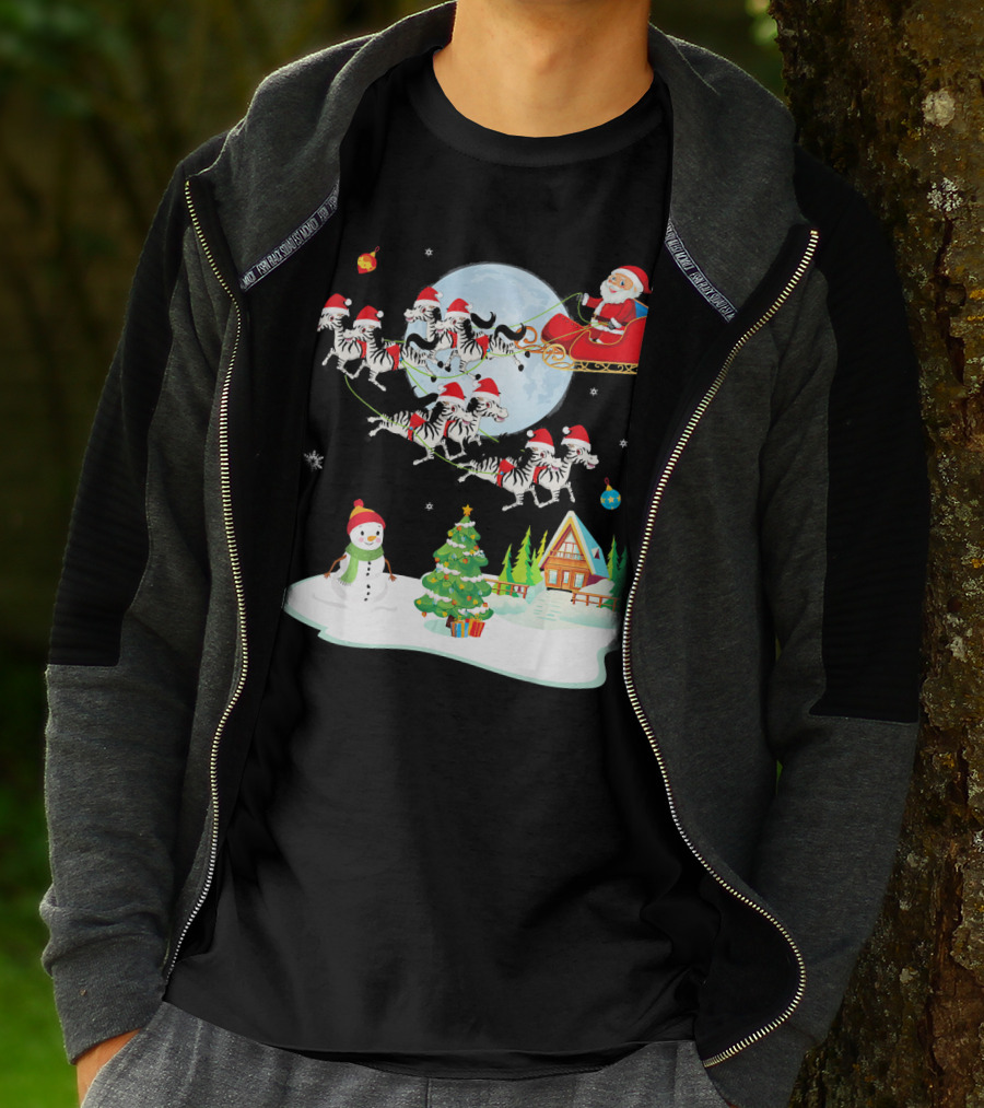 Santa Claus Sleigh With Zebras And Snowman By Christmas Tree T-Shirt