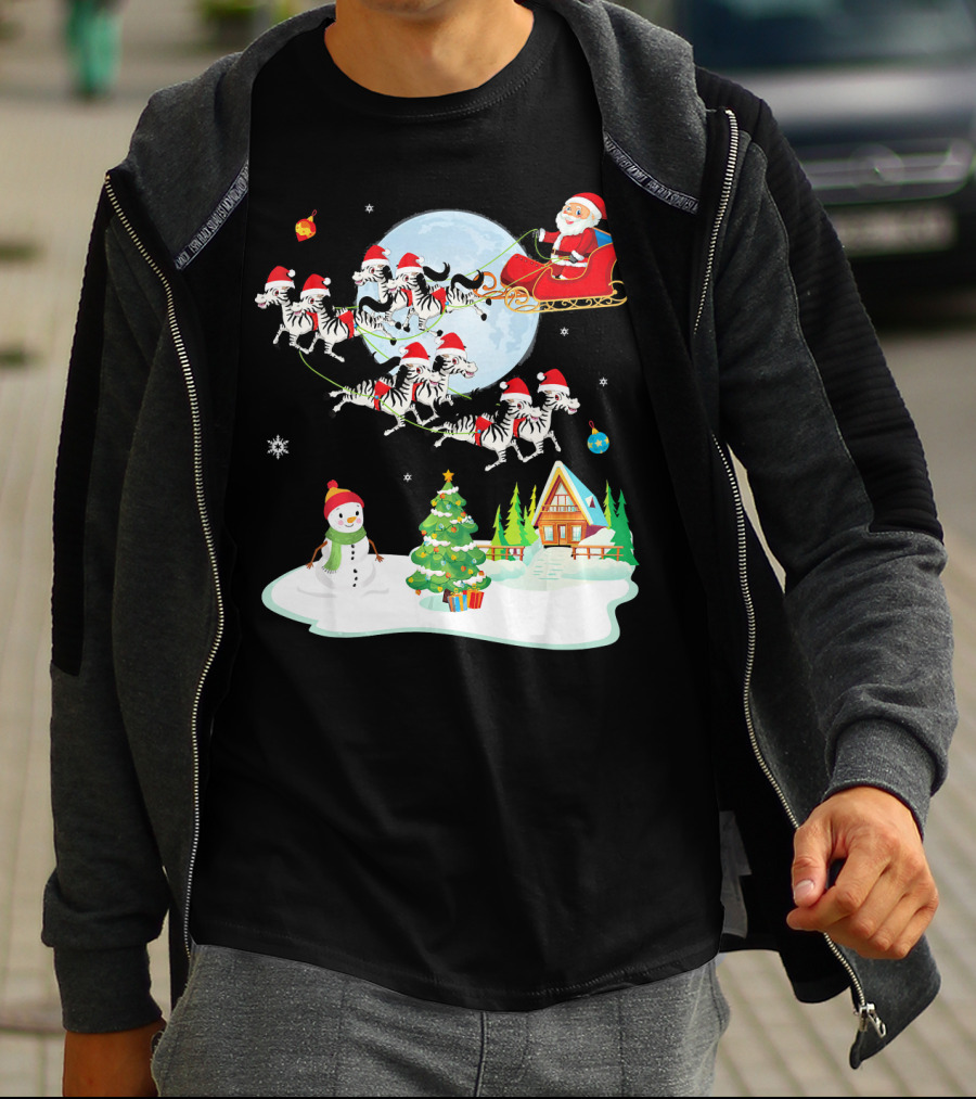 Santa Claus Sleigh With Zebras And Snowman By Christmas Tree T-Shirt