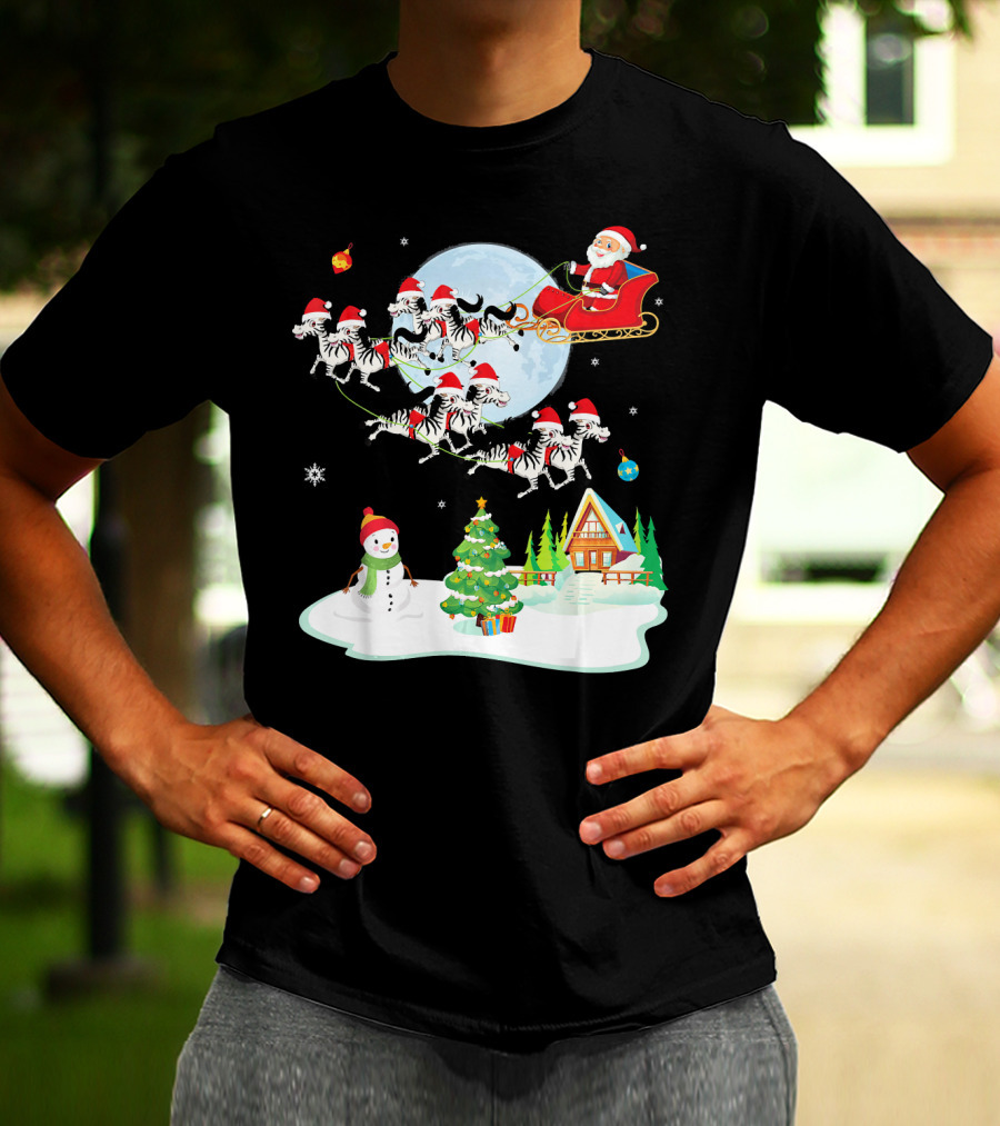 Santa Claus Sleigh With Zebras And Snowman By Christmas Tree T-Shirt