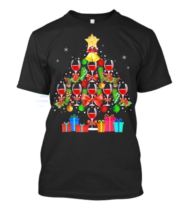 Wine Glass Christmas Tree With Gifts And Decorations T-Shirt