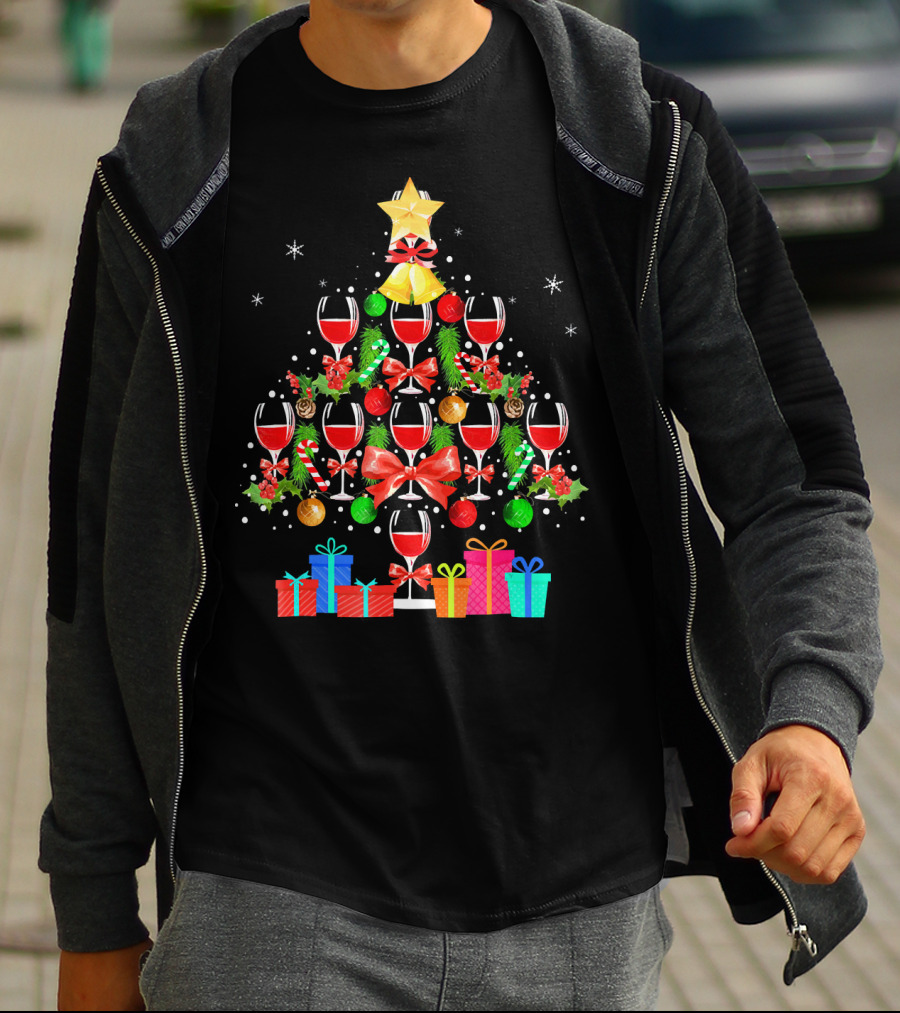 Wine Glass Christmas Tree With Gifts And Decorations T-Shirt