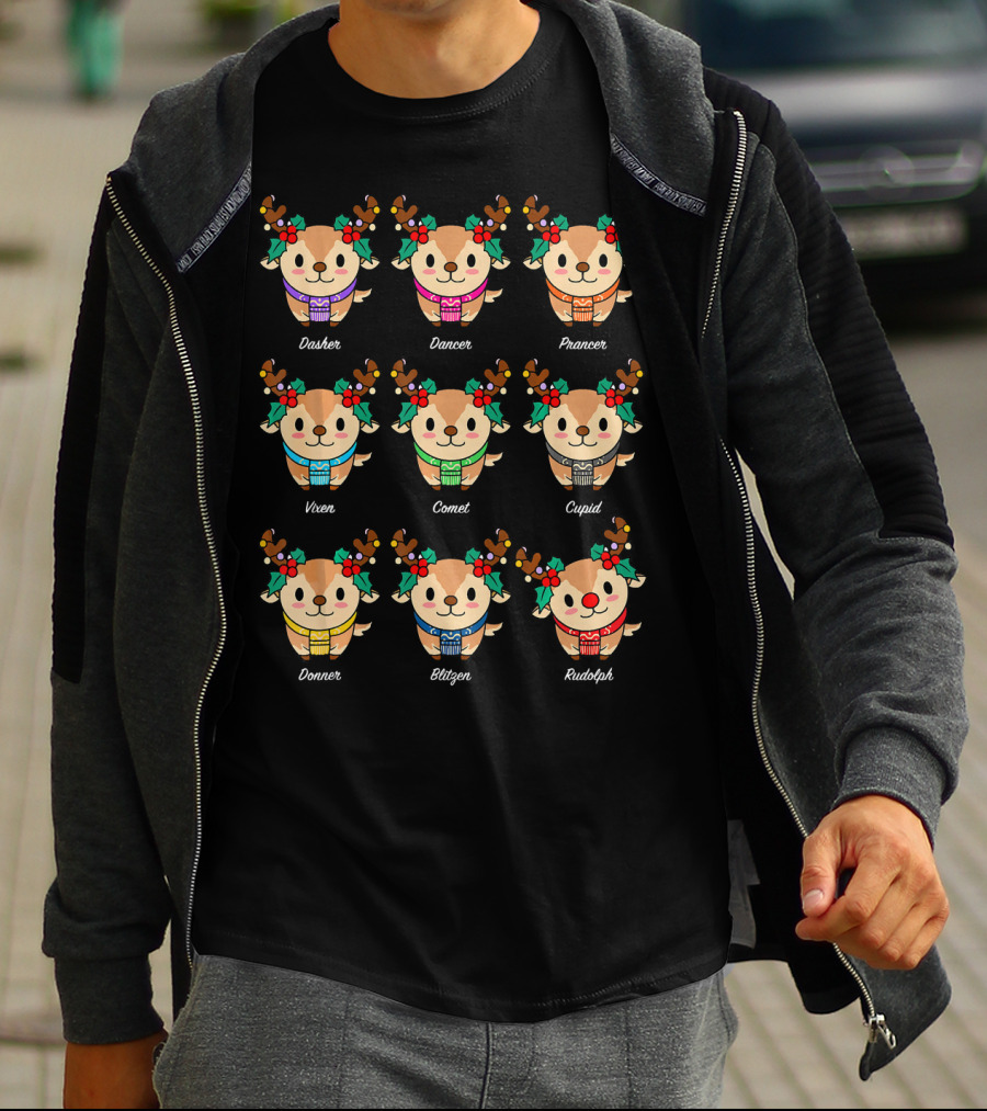 Adorable Reindeer With Names Dasher Dancer Prancer Vixen Comet Cupid Donner Blitzen Rudolph T-Shirt