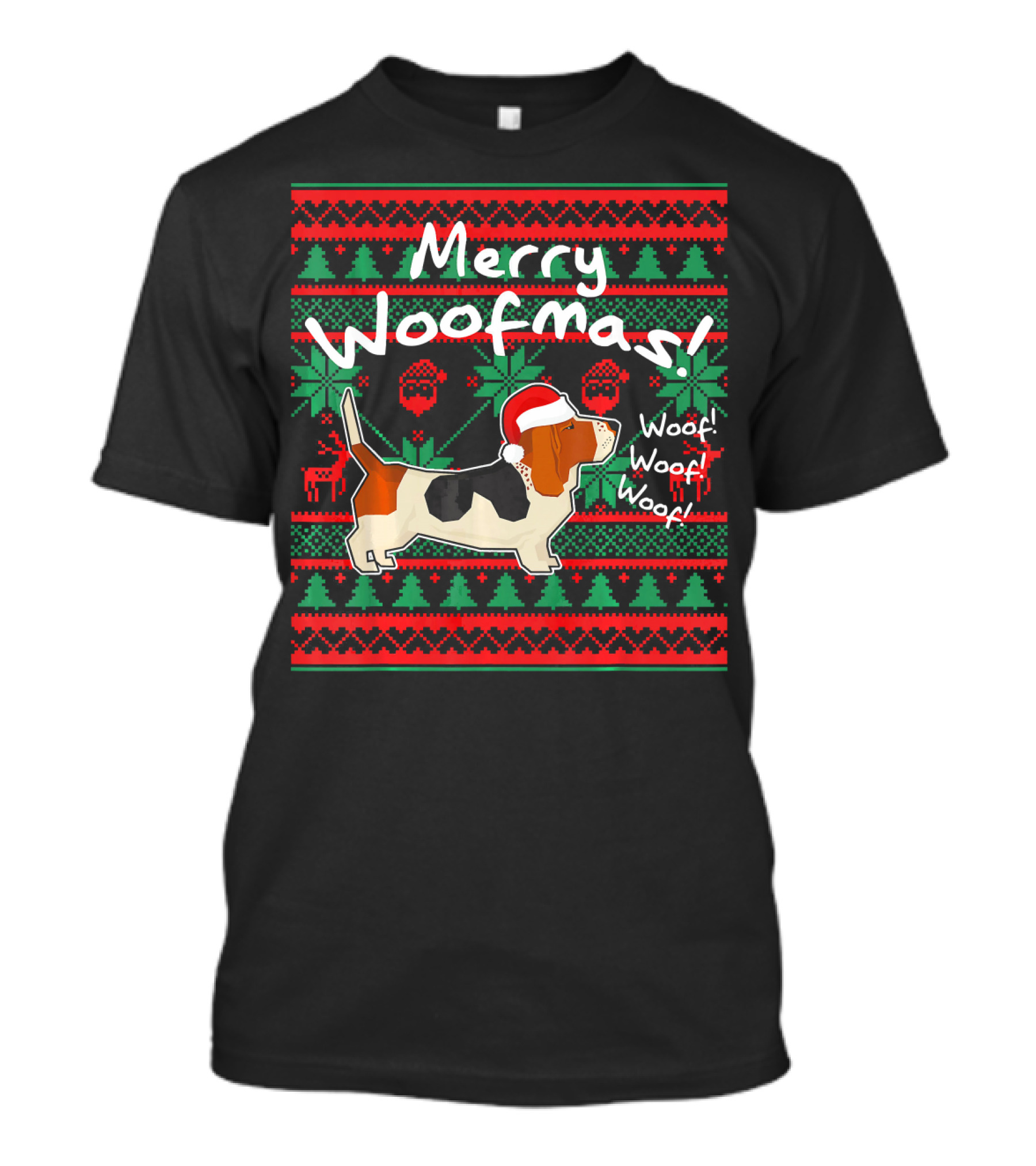 Merry Woofmas Basset Hound Dog With Santa Hat And Festive T-Shirt