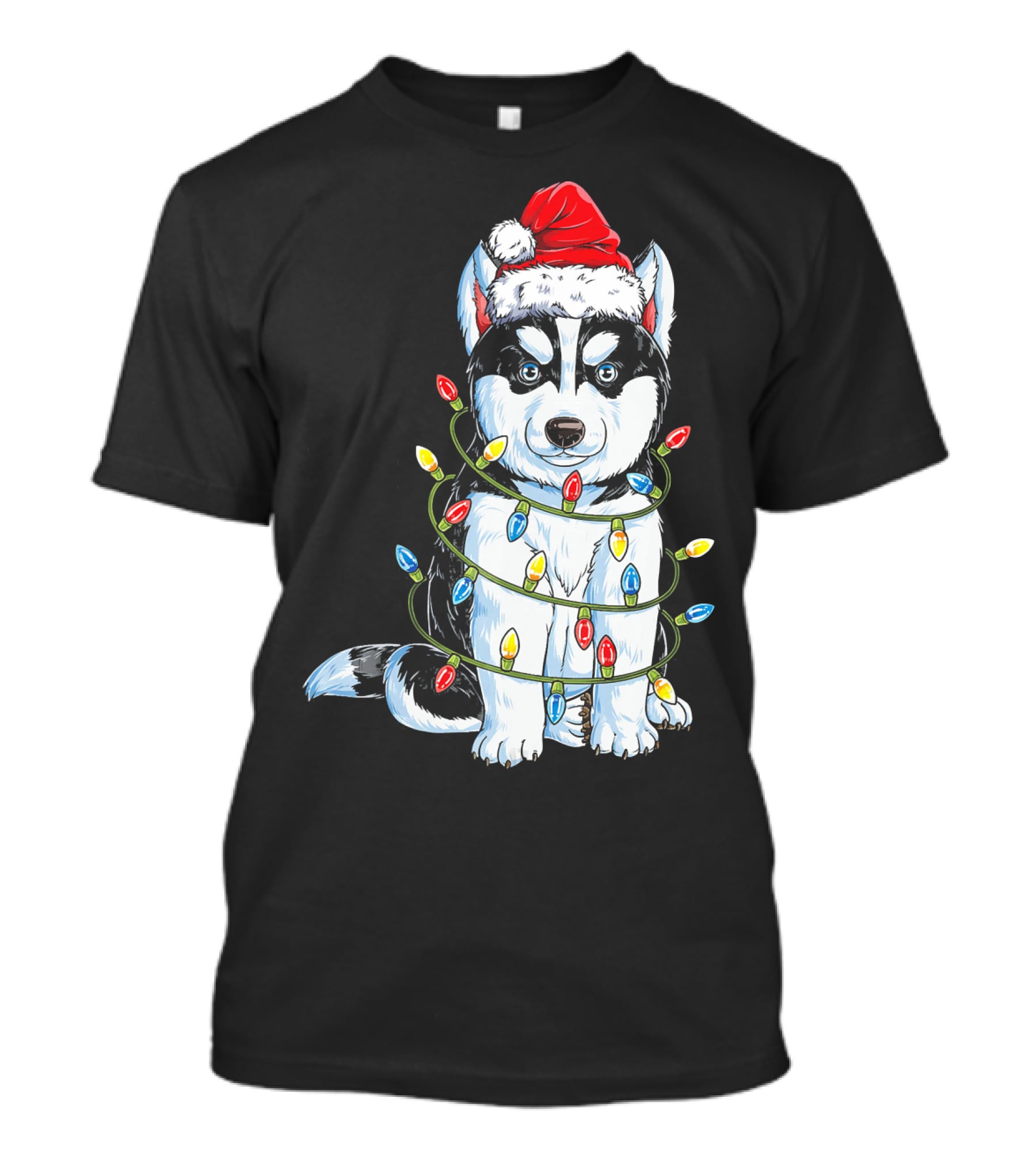 Siberian Husky Wrapped In Christmas Lights With Santa Hat T-Shirt
