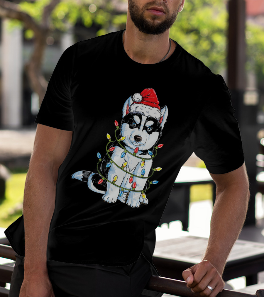 Siberian Husky Wrapped In Christmas Lights With Santa Hat T-Shirt
