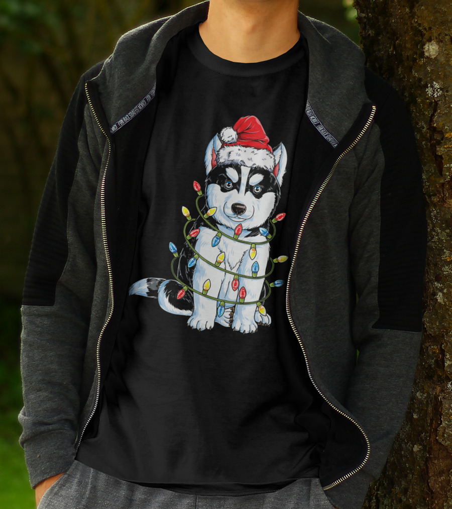 Siberian Husky Wrapped In Christmas Lights With Santa Hat T-Shirt