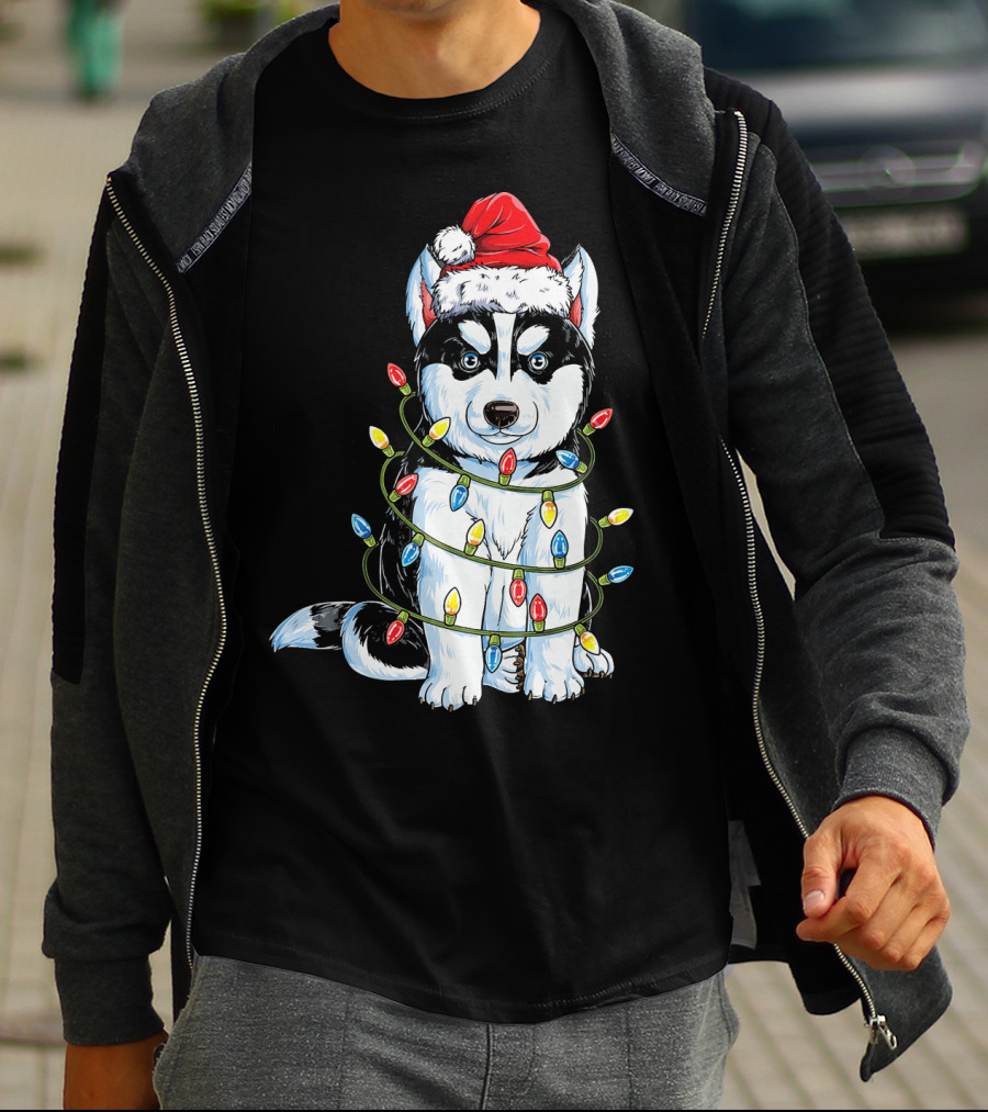 Siberian Husky Wrapped In Christmas Lights With Santa Hat T-Shirt