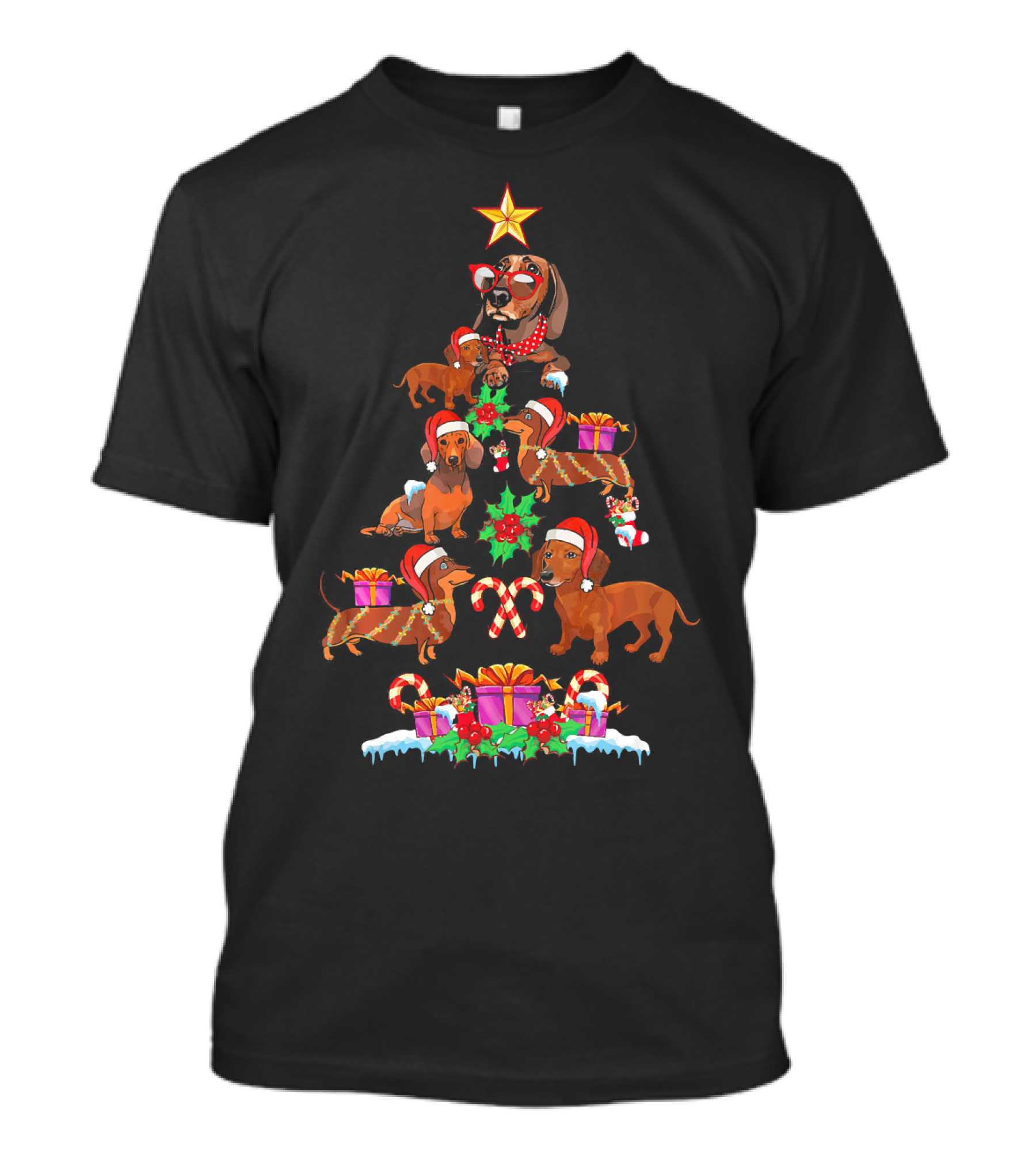 Dachshund Christmas Tree Holiday Design With Cute Dogs And Festive Decorations T-Shirt